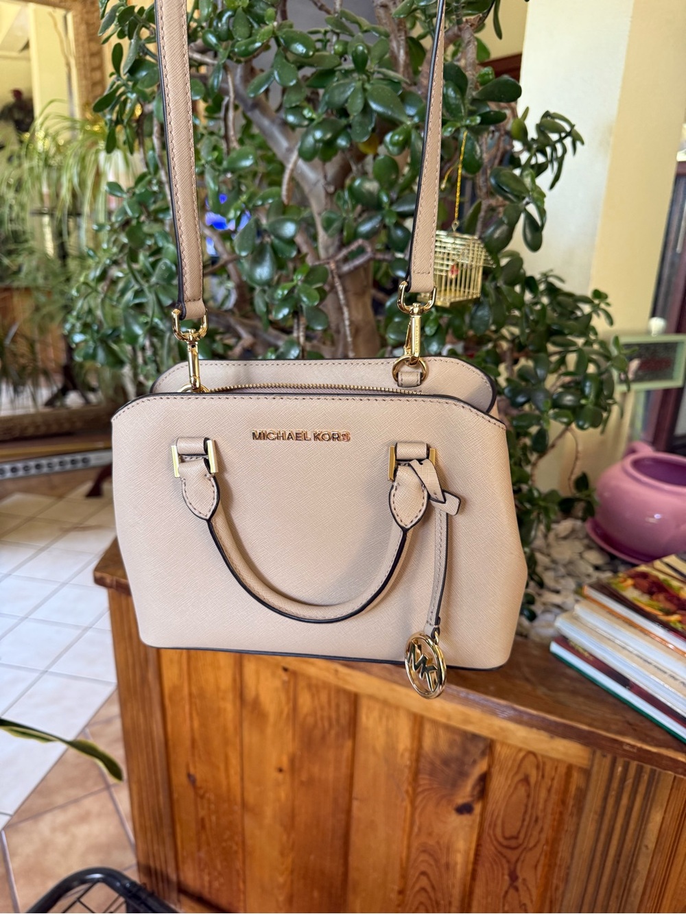 Michael Kors Cream Saffiano Dome Satchel with Gold Hardware